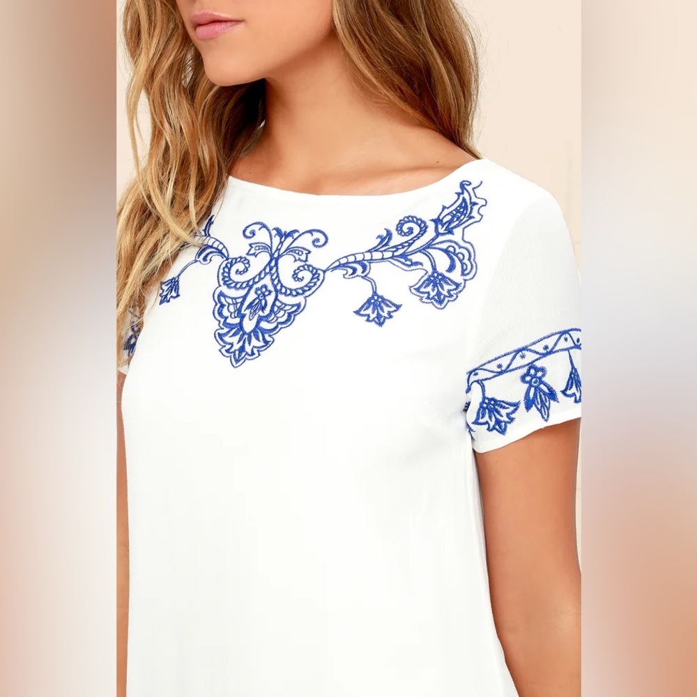 Lulus Tale to Tell Blue and Ivory Embroidered Shift Dress NWT - Picture 3 of 10